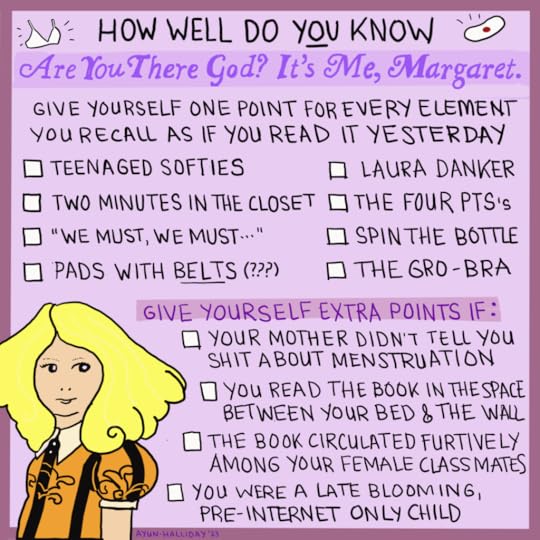 A square, handwritten quiz to test readers recall of ARE YOU THERE, GOD? IT'S ME, MARGARET. In the lower left corner is a drawing of a blond girl in an orange and black dress with puffed sleeves and a white collar, set against a pale purple background, in imitation of the 1970s paperback edition.