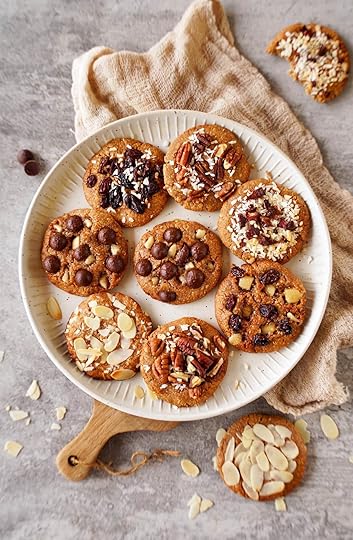 top shot of vegan oatmeal cookies with different toppings
