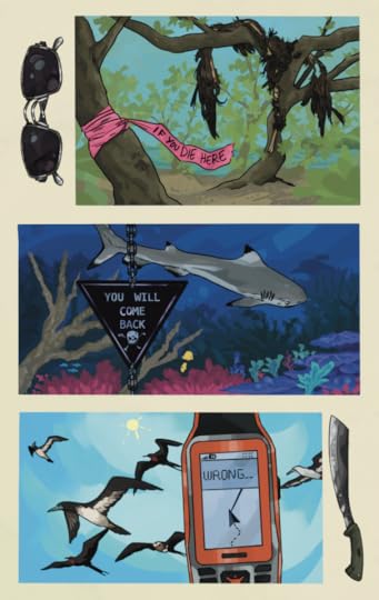 Three comic panels on an off-white background. Objects depicted in the negative space of the page include a pair of sunglasses and a machete. The first panel shows a dessicated Greater Frigatebird cradled in the branches of naupaka shrubs on a sandy shoreline. Pink flagging has been tied to a branch, and black handwriting reads:"IF YOU DIE HERE"The second panel shows a blacktip reef shark swimming on a coral reef. And underwater sign affixed to steel chain shows a skull and crossbones, and text that reads:"YOU WILL COME BACK"The third panel is a GPS unit held up to the sky, showing a GPS track and text that reads "WRONG." Seabirds fly overhead. 