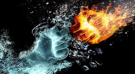 a frozen hand meeting a fiery hand