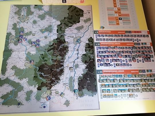 Photo of map, turn track, and orders of battle for the tenth scenario of 1914