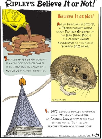 1. Because maple syrup doesn't always look good on camera, it is sometimes replaced with motor oil in advertisements. 2. Believe It or Not! As of February 9, 2023, a Pacific pocket mouse named Patrick Stewart at the San Diego Zoo is the oldest known mouse ever, at the age of 9 years, 210 days! 3. In 1997, someone impaled a pumpkin on a 173-foot-high spire at Cornell University in the dead of the night.