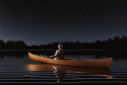 A man sits in a rowboat that floats on calm water. It's night-time and thousands of stars shine in the sky above him.