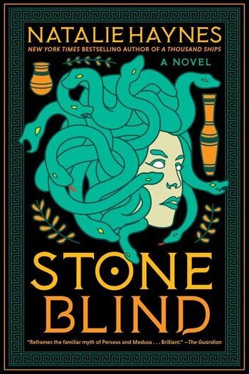 And illustrated profile of medusa in shades of green. Her eyes are blank white. Back ground black. Olive branches frame her lower face in pale gold.