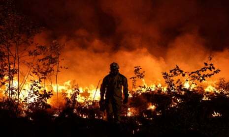 A firefighter sets fire to land in an attempt to prevent wildfires from spreading in Gironde, south-west France.