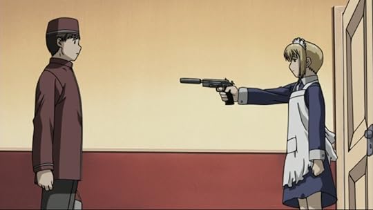 Still frame from Gunslinger Girl in which Rico threatens Ragazzo before murderizing him mercilessly