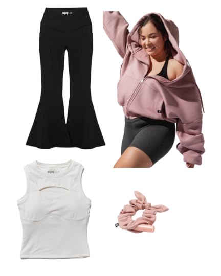 barbiecore activewear outfit inspo popflex cloud hoodie crisscross hourglass bell bottoms white tank secret scrunchie