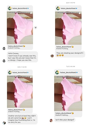 screenshots of messages to cassey ho blogilates about halara stealing skort design