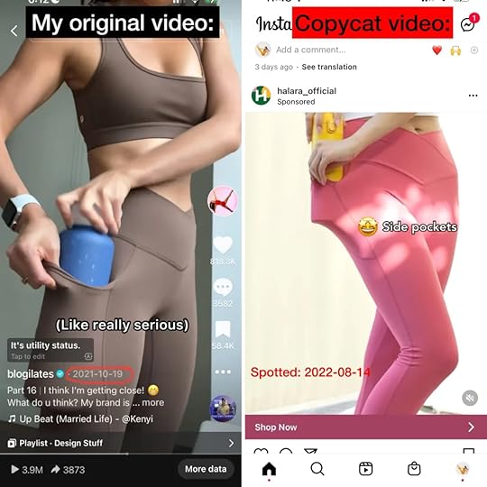 halara copying POPFLEX legging video showing crisscross leggings with water bottle in pocket