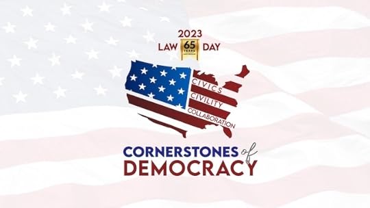 Am illustration of a map of the United States of America created using the stars and stripes of the American Flag. Text Description: 2023 Law Day. 65 Years. Civics. Civility. Collaboration. Cornerstones of Democracy.
