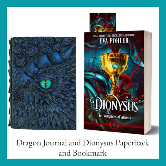 Dionysus giveaway prizes include a dragon journal, a paperback copy of Dionysus, and a bookmark.