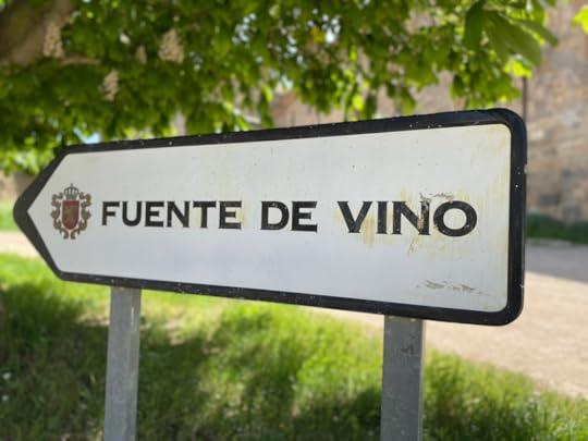 Sign for the free wine fountain on the Camino de Santiago (Camino Francés), Irache, Navarra