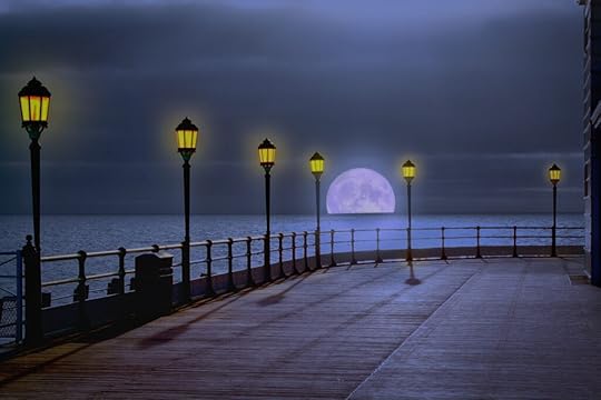 A deserted pier lit by lanterns, with a moon rising on the horizon