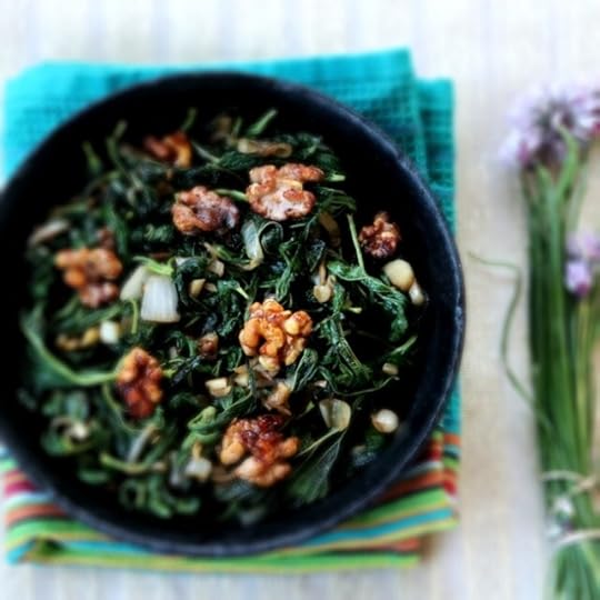Sauteed Nettles with Smokey Sweet Walnuts
