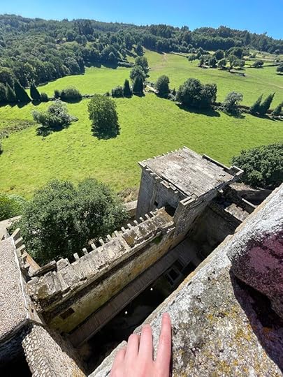From the top turret of a castle, looking down across a huge pasture and part of the castle, a hand resting on the wall in the lower right