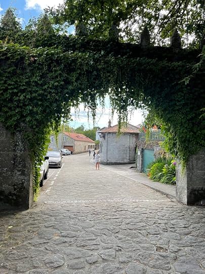 Vines cover a huge dark grey stone archway spanning a cobblestone road, smaller white and red buildings beyond