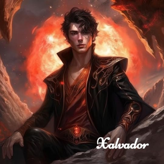 A prince with dark hair and tan skin wearing a black tunic with rubbies. He is sitting before a ball of fire on a volcano planet named Desdemona. 