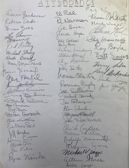 A black and white scanned image of a page filled with handwritten signatures