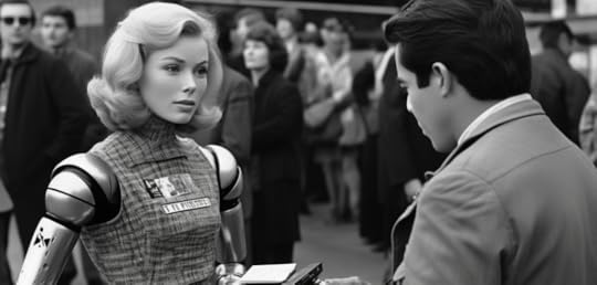 image of an old fashioned 1960's picture of a new york times reporter interviewing a human looking female robot
