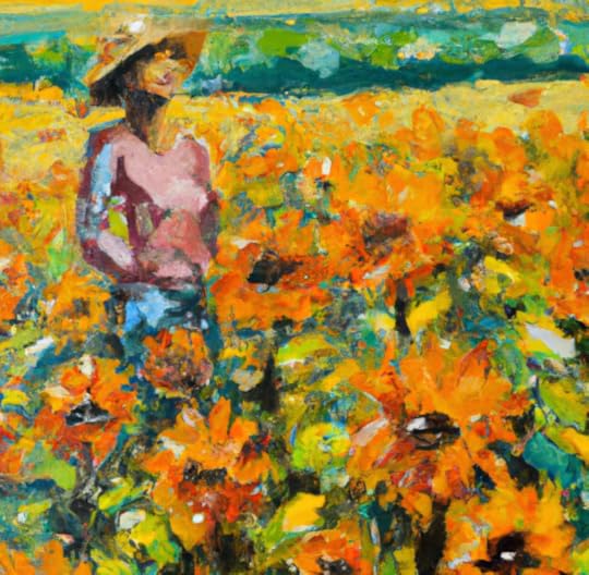 Painting of a woman standing in a field of flowers