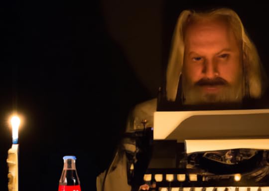 Typing on a manual typewriter by candlelight