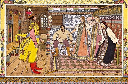 One of the illustrations in this book, drawn by Bilibin, depicts the “Hawk Prince” who came flying to ask the hand of Tsarevich Ivan’s oldest sister. This part of the story is from the Maria Morevna tales.