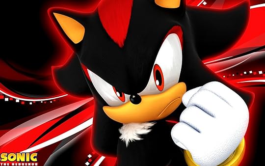 picture of shadow from sonic the hedgehog, he's raising his fist, the background is also black and red like shadow himself