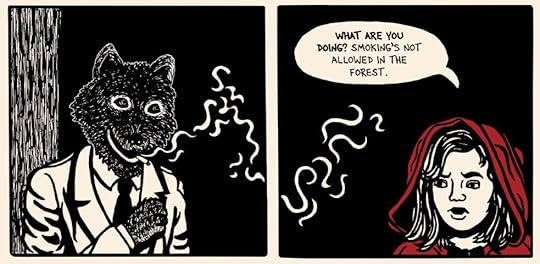 Red in a dialogue bubble to Wolf: What are you doing? Smoking's not allowed in the forest.
