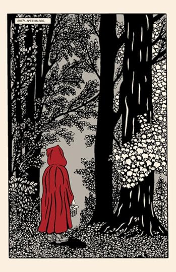 Final panel of Red in the woods with her back to us and her read coat bright against the dark forest. The panel reads