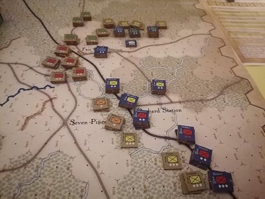 Close up photo of Seven Pines with most of the counters adjacent or within two spaces of enemy counters