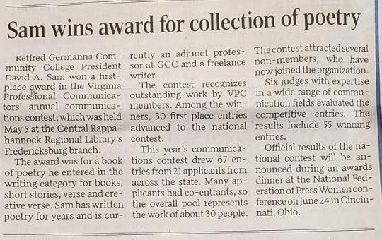 Coverage by the Fredericksburg Free Lance Star of award for Writing the Significant Soil