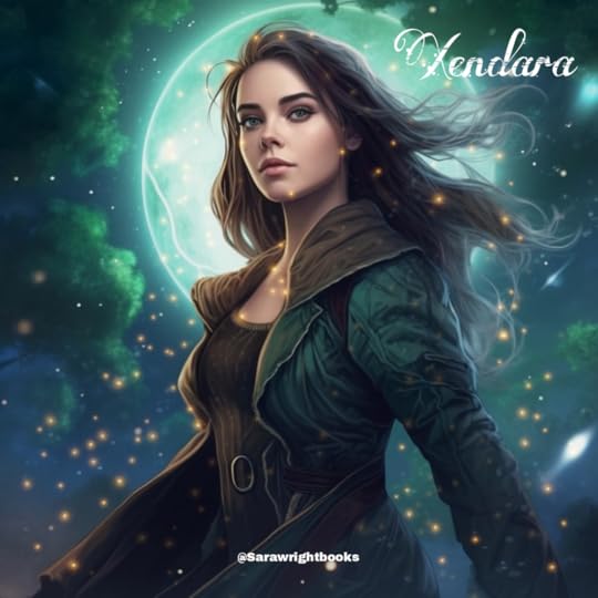 A woman with standing on a forest planet with a glowing moon in the background. She has golden light energy flowing around her.