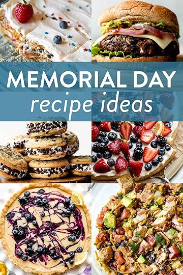 collage of Memorial Day recipes including black bean burgers, chicken salad, lemon blueberry tart, lemon berry dessert pizza, and cookie ice cream sandwiches.