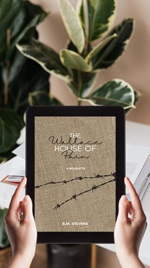 cover of The Wallace House of Pain on a tablet with a plant in the background