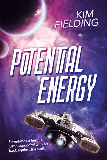Cover for Potential Energy by Kim Fielding: space ship flying towards a pair of planets or moons.