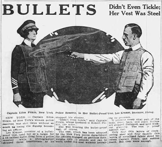 Newspaper clipping from October 8 1922 issue of The Buffalo Times of Buffalo New York depicting Leo Krause firing a gun a close range at Captain Edna Pitkin wearing a bulletproof vest. The headline reads, 