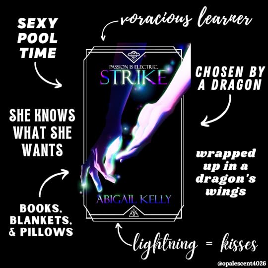 Clockwise, beginning at top middle of image, text in white reads: voracious learner, chosen by a dragon, wrapped up in a dragon's wings, lightning = kisses, books, blankets, & pillows, she knows what she wants, sexy pool time. Cover in center is Strike, part of the New Protectorate universe, by Abigail Kelly. Background is solid black.