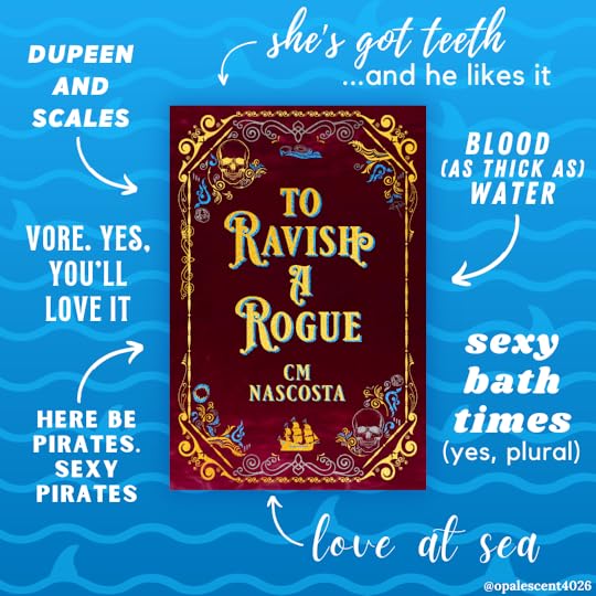 Clockwise, beginning at top middle of image, text in white reads: she's got teeth (...and he likes it), blood (as thick as) water, sexy bath times (yes, plural), love at sea, here be pirates. sexy pirates, vore. yes, you'll love it, dupeen and scales. Cover in center is To Ravish A Rogue by USA Today Bestselling Author C.M. Nascosta, part of the dangerous tides kickstarter and talons & temptations series. Background is a light to dark blue gradient with a pattern of waves and shark fins.