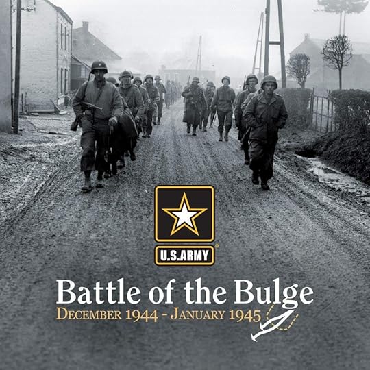 Photograph of uniformed men marching in two columns in a smokey city on a mud street. Text description: U.S. Army. Battle of the Bulge. December 1944 - January 1945.