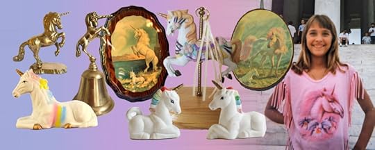 Some of the many unicorn figurines, pictures and items I had as a child.