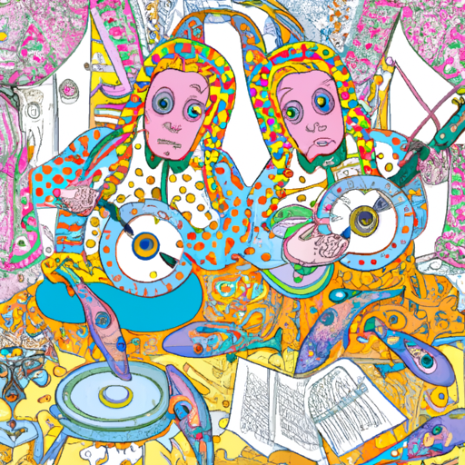 A set of conjoined male twins playing instruments. Drawn like a heavy lined coloring book with a few light, pale colors. Eyeballs are in piles around the floor and fish are dancing on the curtain behind them.