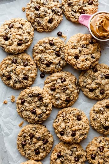 peanut butter oatmeal cookies on parchment paper.