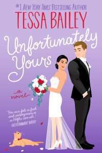 Illustrated cover with purple background featuing a black-haired white lady as bride and a brown-haired white guy as groom. Both good-looking, they are standing back to back and looking at each other over their shoulders.