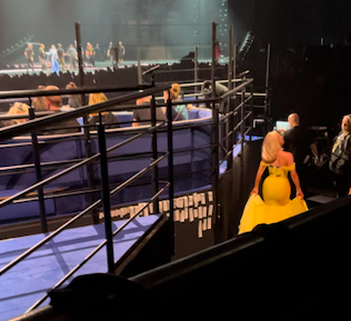 Hannah is in the distance, her back to the camera. She's wearing a tight yellow dress with floaty train. All around her is an arena full of activity.