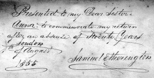 Inscription in prayer book Samuel gave to his sister.
