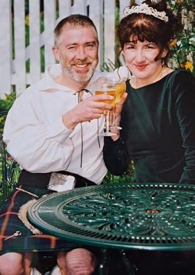 Debbie and Gordon in their wedding outfits including tartan kilt