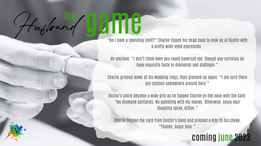 Black and white image of man putting a ring on another man's finger. Text with The Husband Game and a teaser from the story with cover image of book