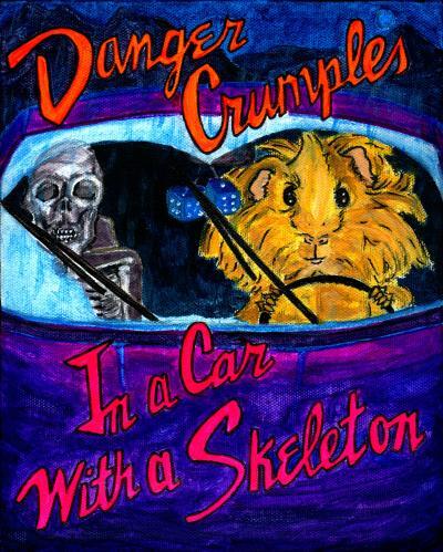 Rachel E Smith guinea pig painting Danger Crumples In a Car with a Skeleton