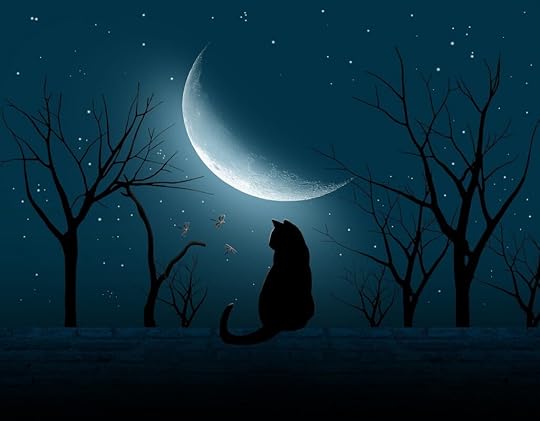 Black cat talking to tiny flying creatures under a winter waning moon.