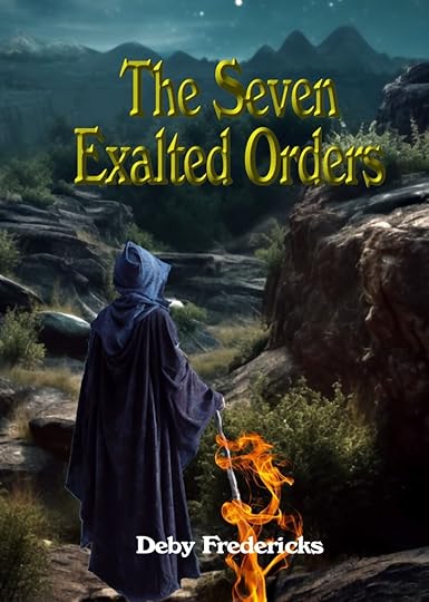 A wizard in dark robes with a flaming staff gazes over a mysterious landscape.